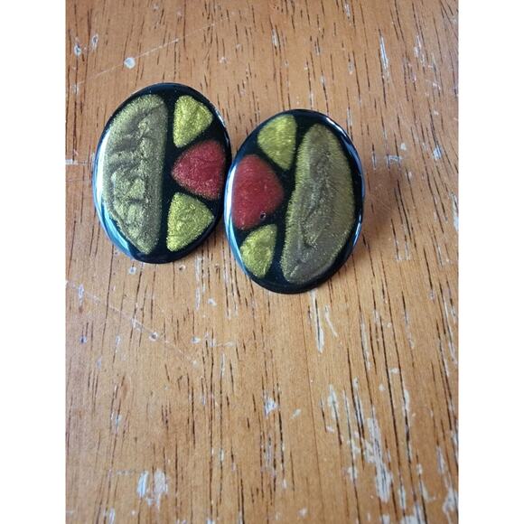 Vintage Gold Redish Brown black Plastic enamel post earrings Boho Style - Picture 1 of 3
